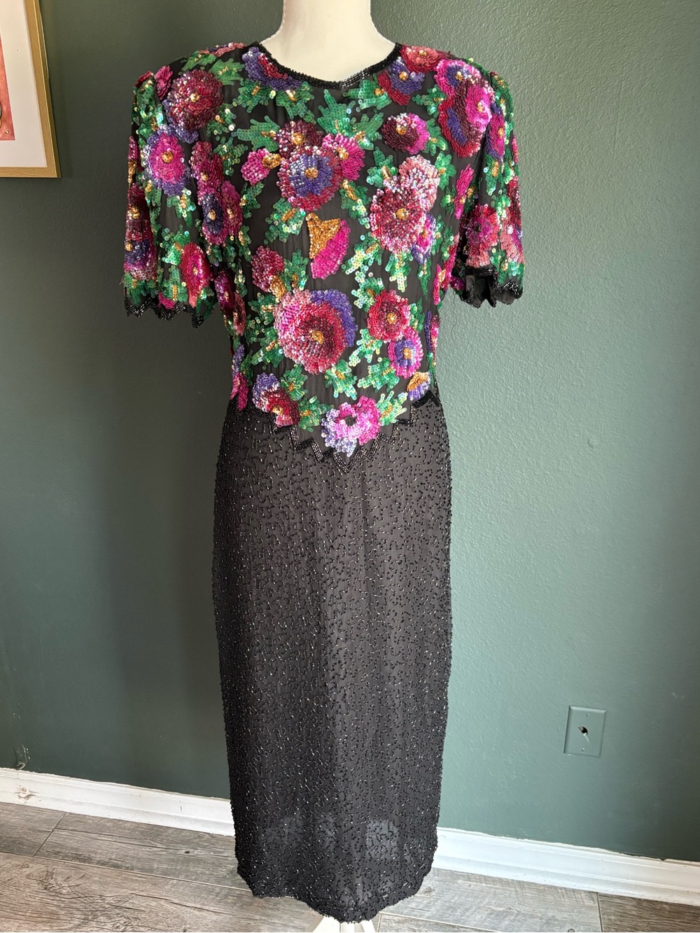VTG 80s Black Floral Sequin Beaded Evening Gown Maxi Dress Shoulder Pads